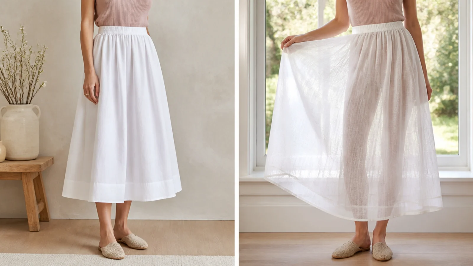Faceless comparison of an opaque thick cotton white skirt beside a sheer single-layer gauze white skirt held to a window