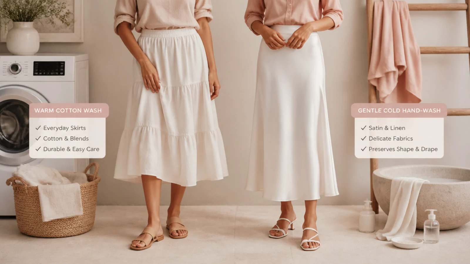Faceless comparison of a warm cotton wash cycle beside a gentle cold hand-wash for satin and linen white skirts