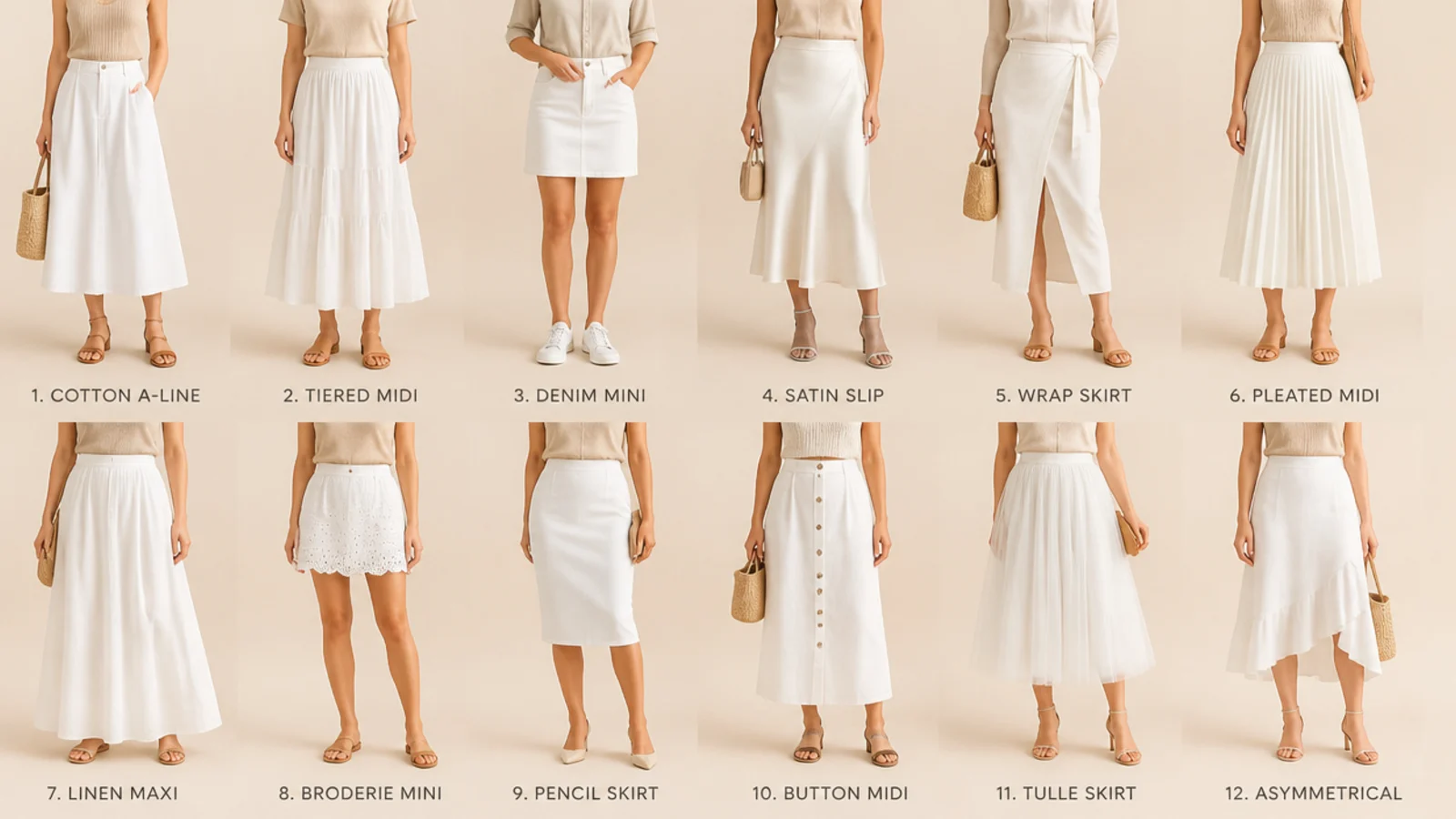 Faceless flat-lay of twelve types of white skirts compared, from cotton A-line to linen maxi, denim mini and satin slip