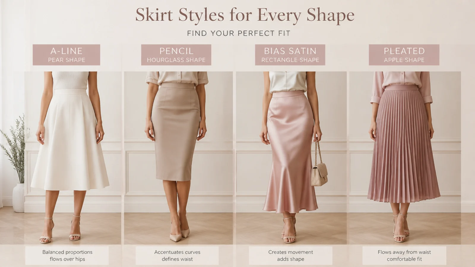 Faceless flat-lay of white A-line, pencil, bias satin and pleated skirts mapped to different body shapes