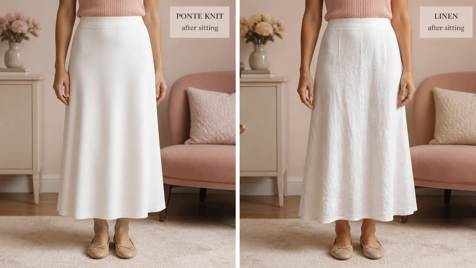 Faceless comparison of a crisp ponte knit white skirt beside a heavily creased white linen skirt after sitting