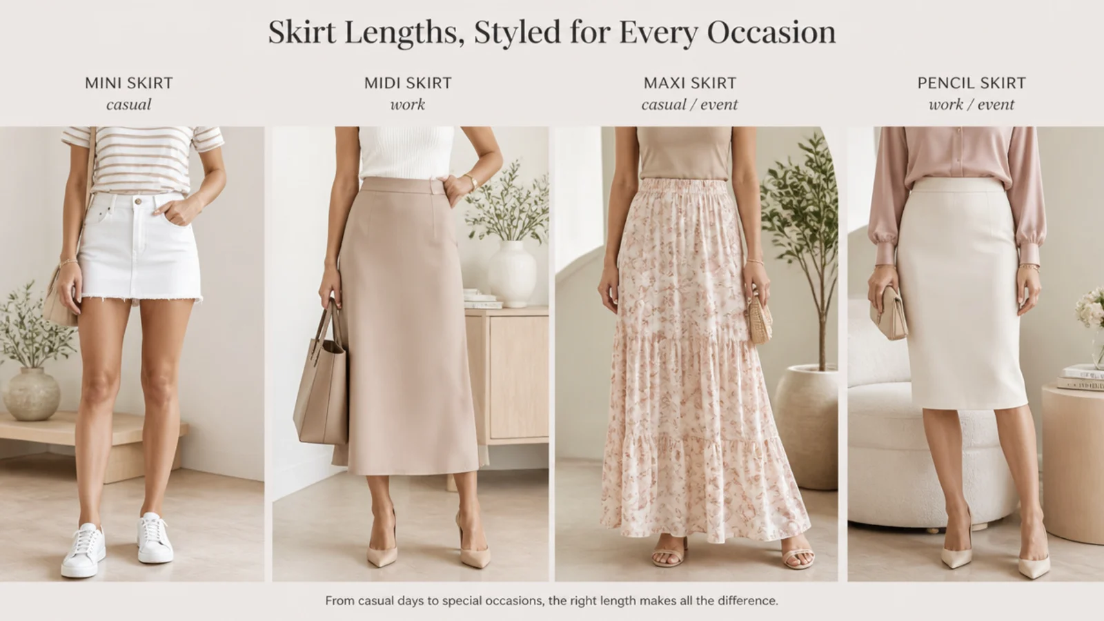 Faceless comparison of white mini, midi, maxi and pencil skirt lengths mapped to casual, work and event occasions
