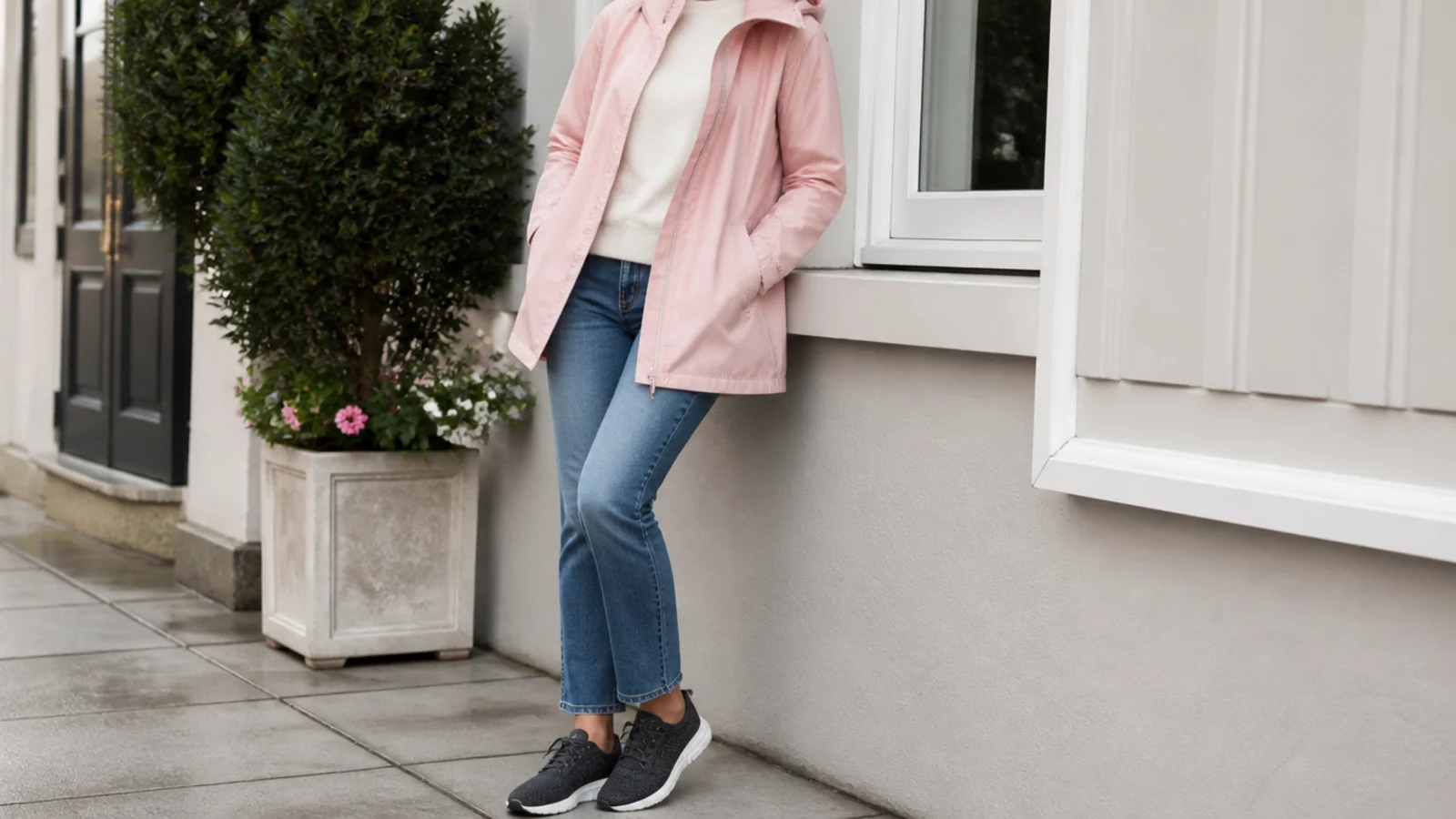Faceless outfit with dark knit waterproof sneakers, cropped straight jeans and a hooded rain shell
