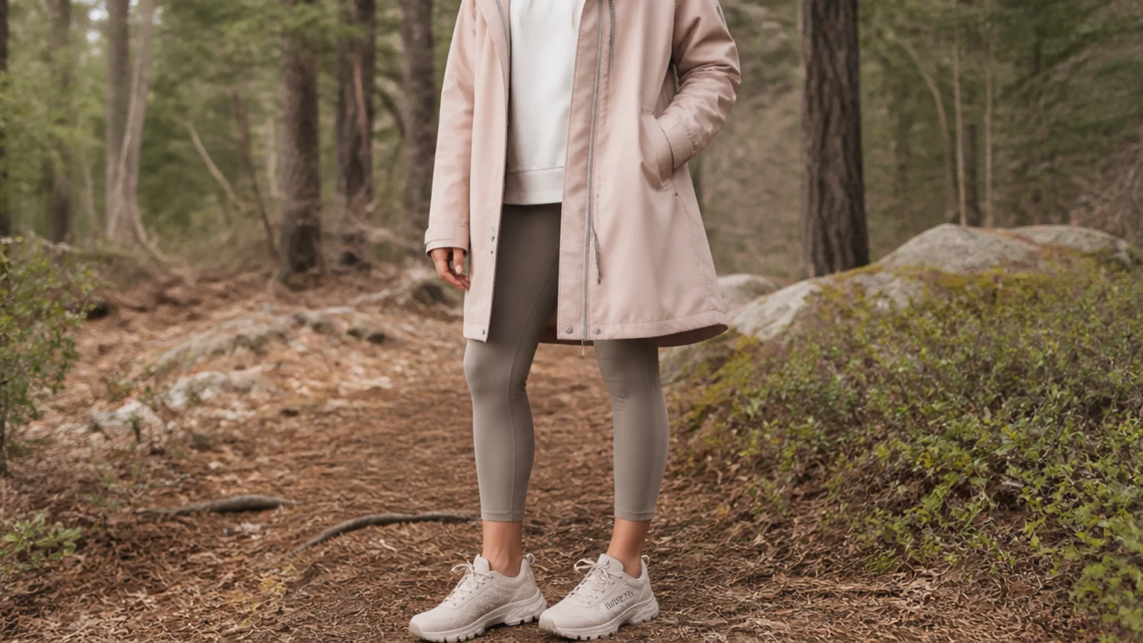 Faceless outfit with chunky GORE-TEX trail sneakers, cropped leggings and a longline waterproof parka