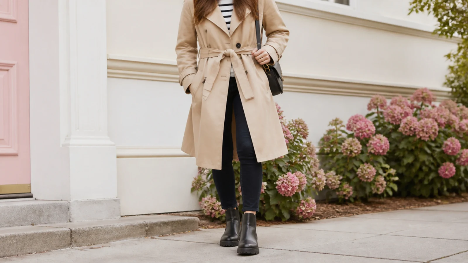 Faceless outfit with rubber-soled waterproof Chelsea boots, dark skinny jeans and a belted mac