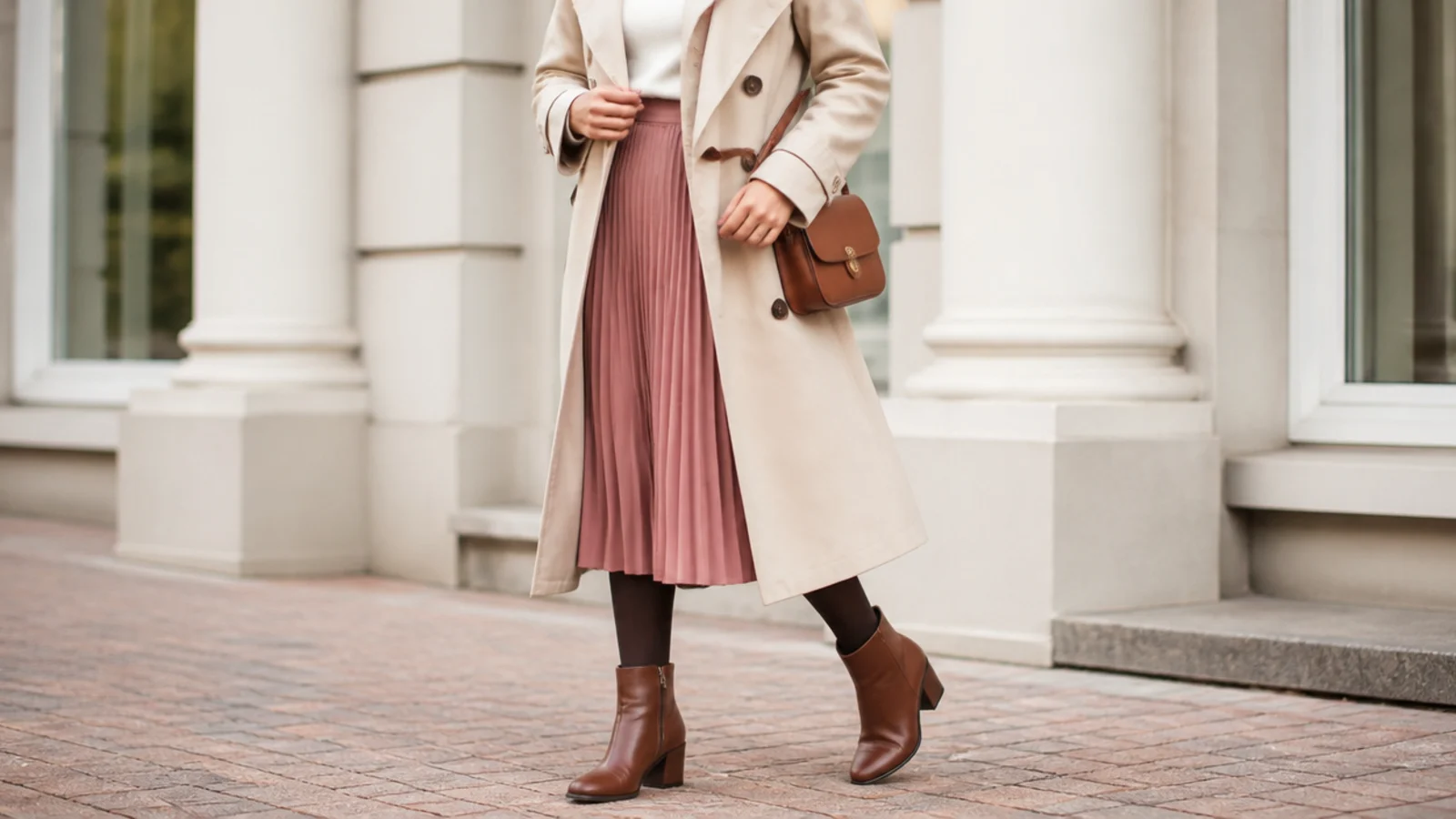 Faceless outfit with block-heel waterproof leather ankle boots, a midi skirt, tights and a trench