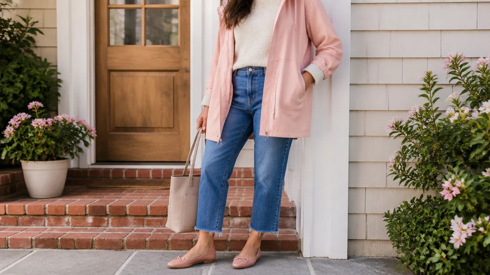 Faceless outfit with molded rubber waterproof ballet flats, cropped jeans and a light rain jacket