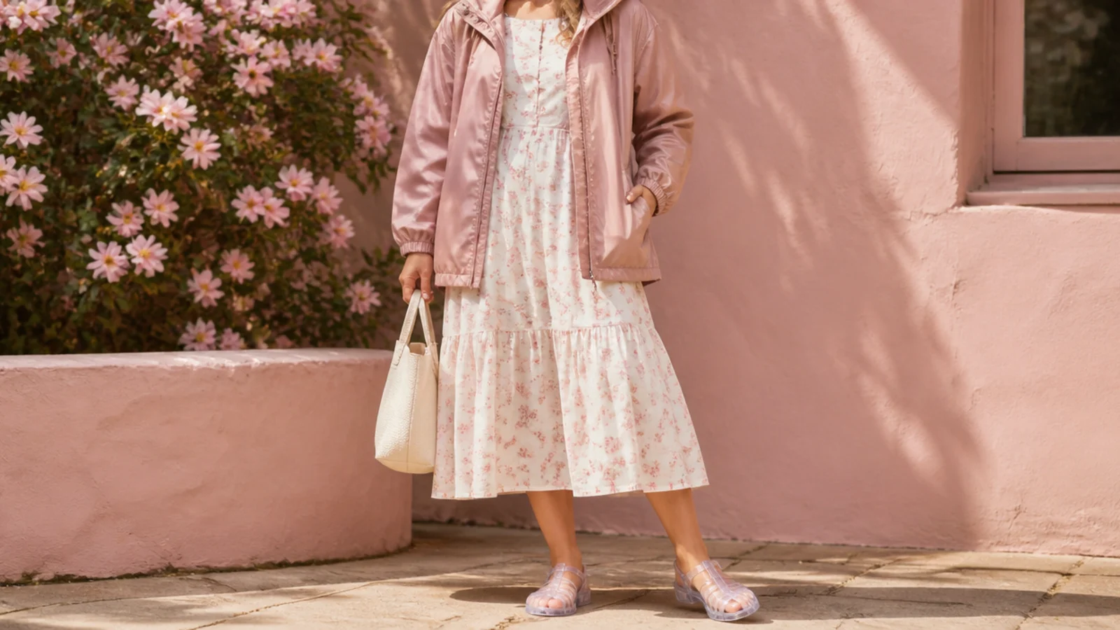 Faceless outfit with translucent jelly sandals, a cotton midi dress and a packable rain jacket