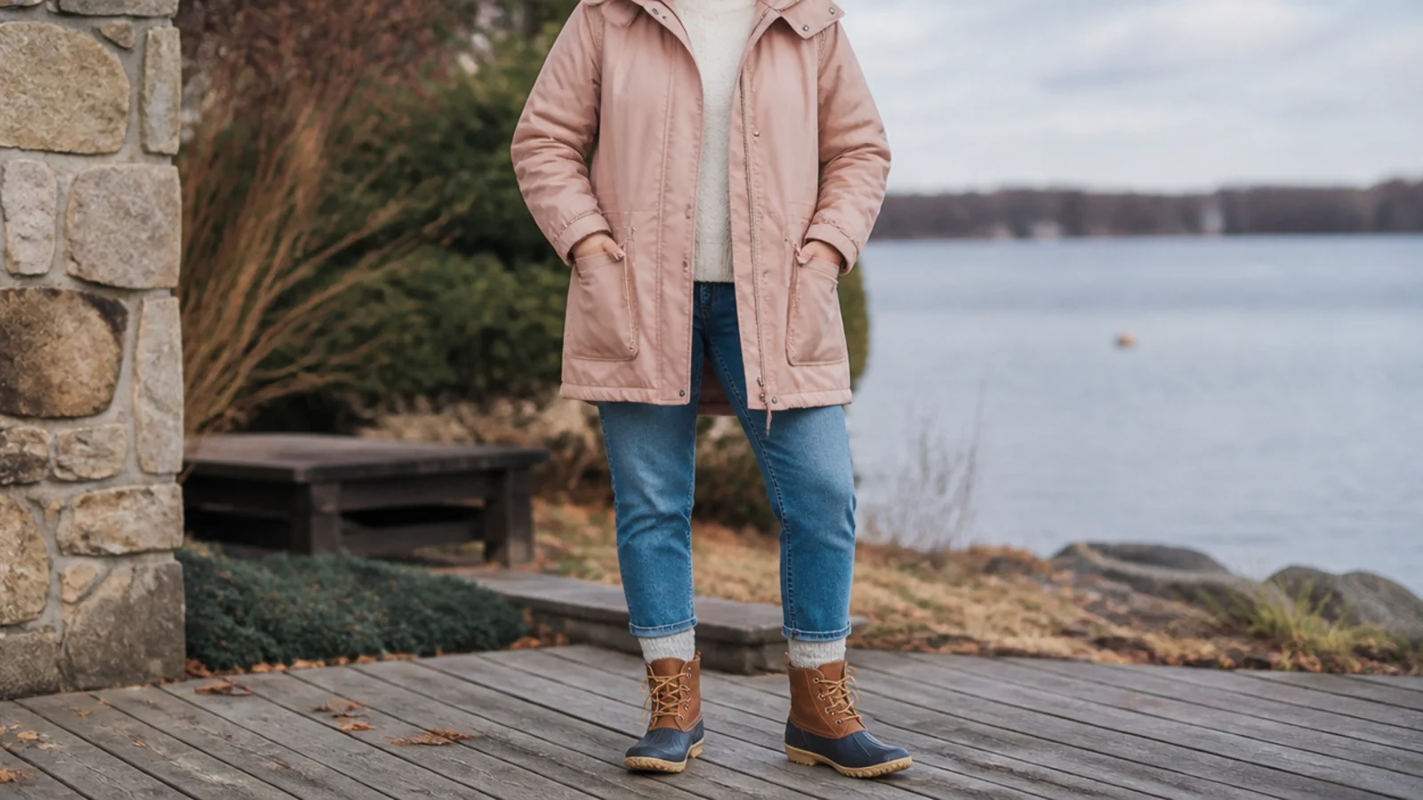 Faceless outfit with rubber-bottom leather duck boots, cropped jeans, wool socks and a waterproof parka