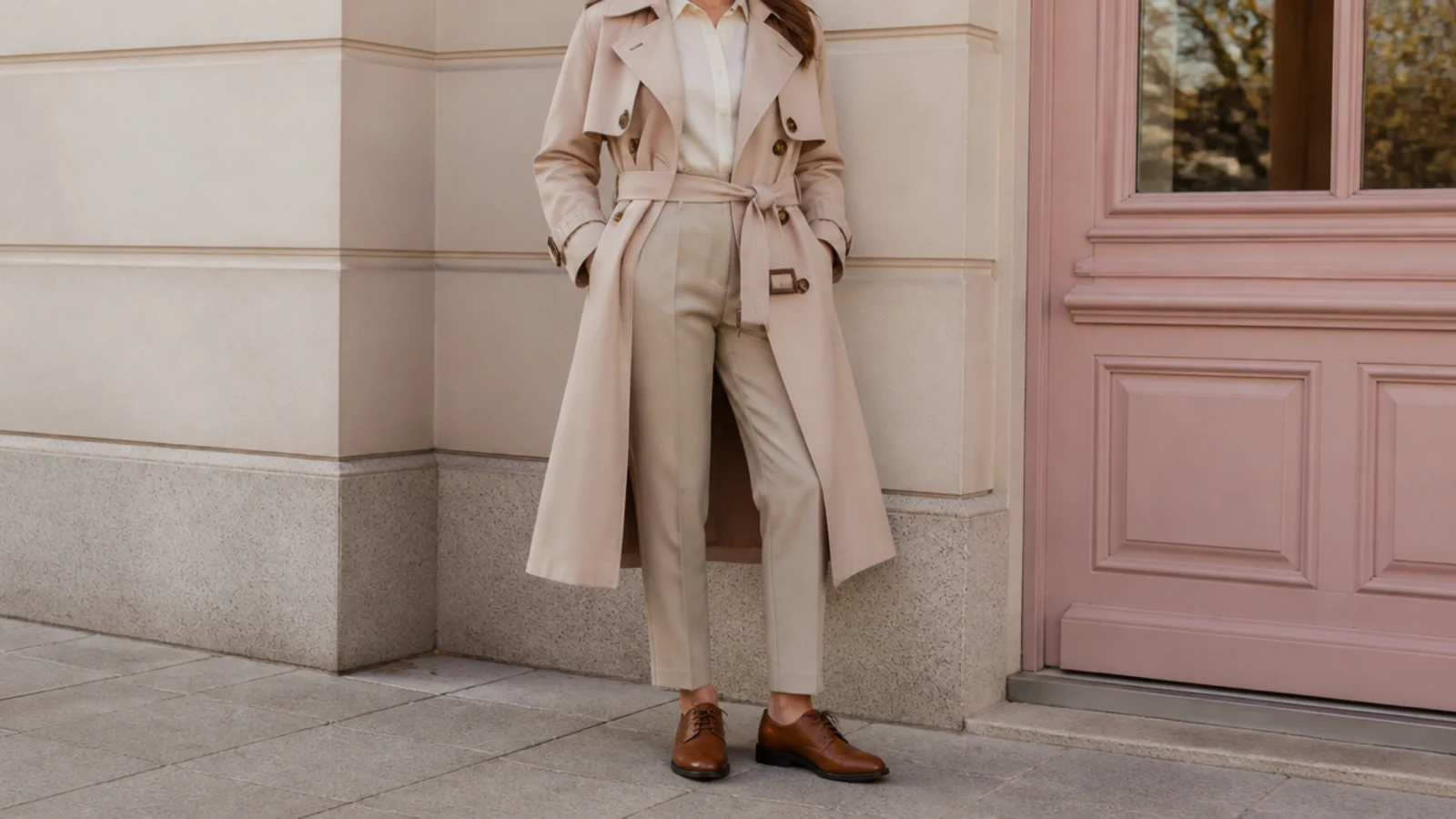 Faceless outfit with treated leather waterproof derby shoes, tailored trousers and a belted trench