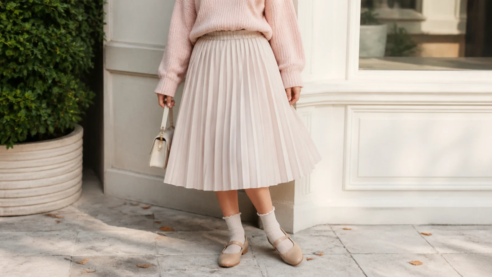Faceless outfit with molded rubber waterproof Mary Jane flats, ankle socks, a pleated skirt and a knit