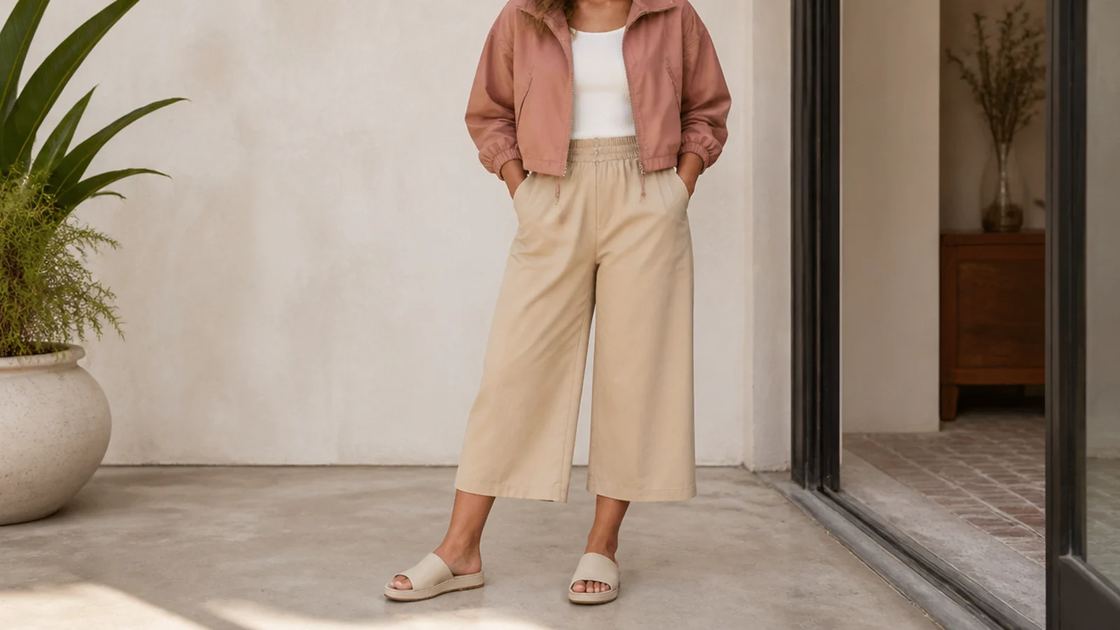 Faceless outfit with molded rubber slide mules, cropped wide-leg trousers and a cropped rain shell