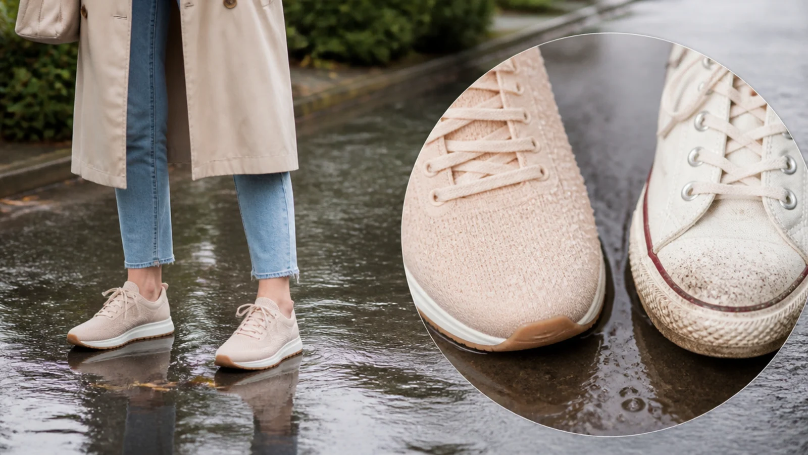 Faceless close-up of rain beading on a sealed knit waterproof sneaker beside a soaked canvas sneaker