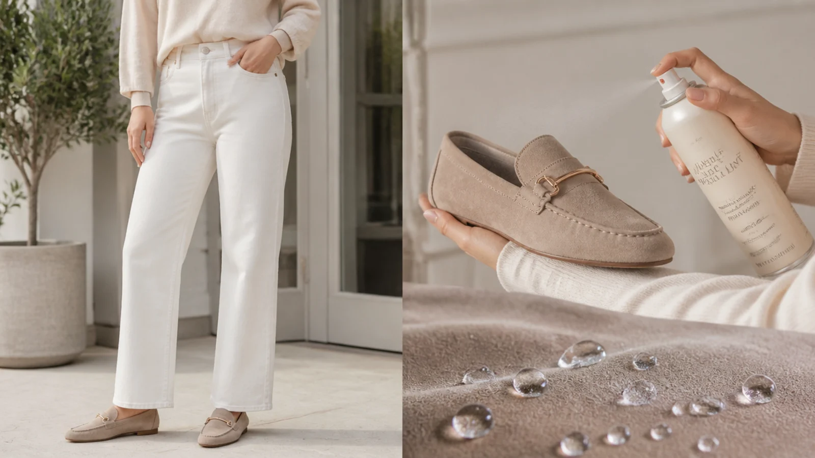 Faceless hand spraying a durable water repellent onto a suede shoe with water beading on treated leather nearby