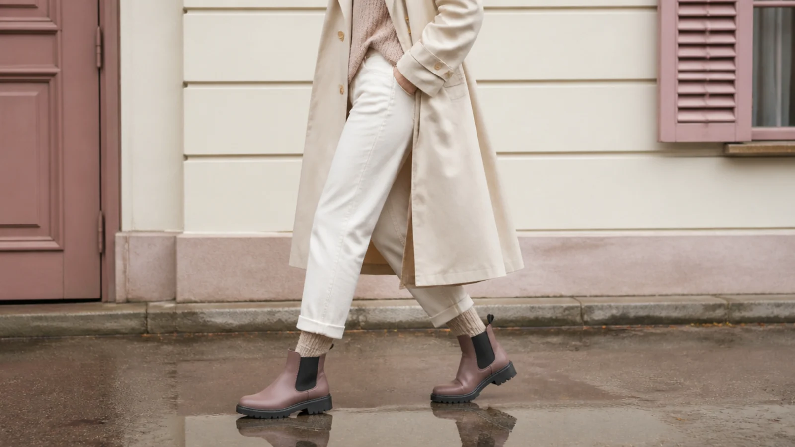Faceless outfit with lug-sole waterproof Chelsea boots and wool socks stepping around a puddle on wet pavement