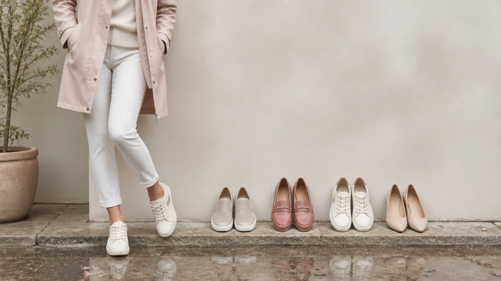 Faceless flat-lay of stylish waterproof shoes for rain that are not rain boots, from sneakers to loafers