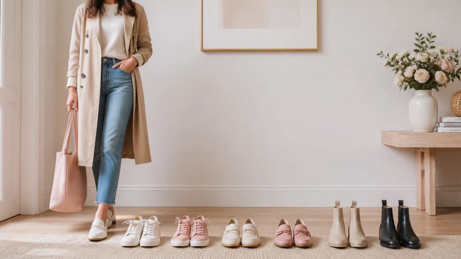 Faceless flat-lay of waterproof rain shoes grouped by dressiness, from sneakers to loafers to Chelsea boots