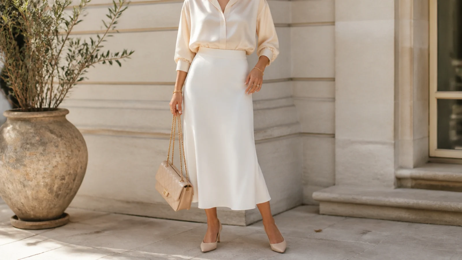 Faceless waist-up shot of a cream silk blouse tucked into a white midi skirt for a tonal look