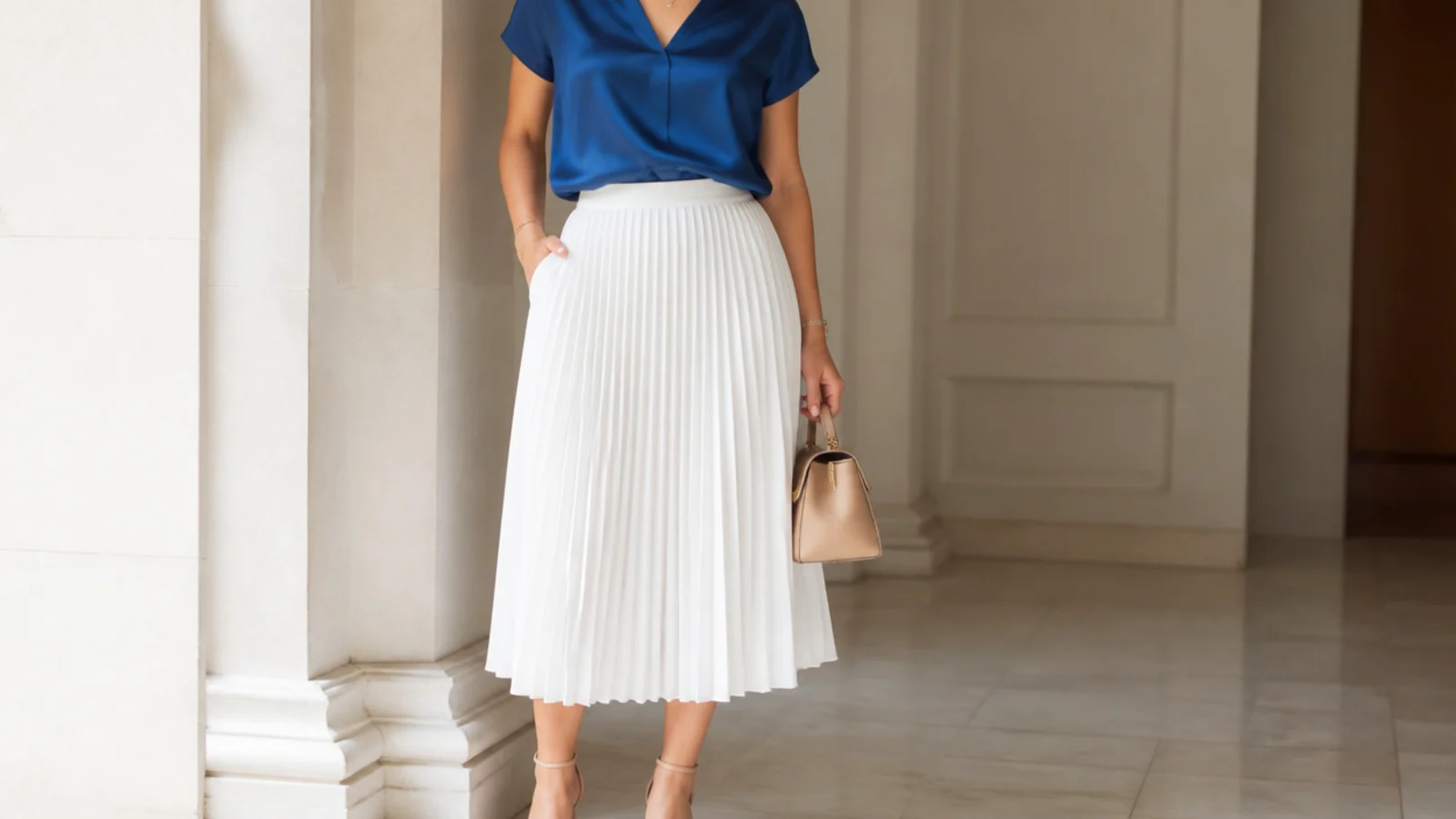 Faceless waist-up shot of a cobalt blue silk top tucked into a white pleated skirt