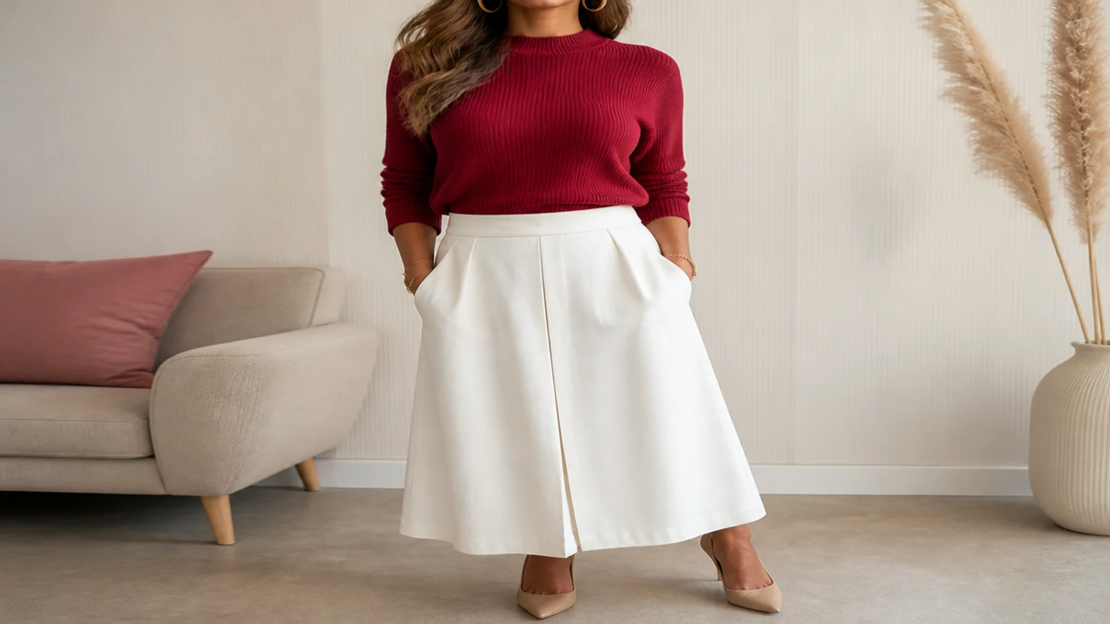 Faceless waist-up shot of a cranberry red knit top tucked into a white midi skirt with gold hoops