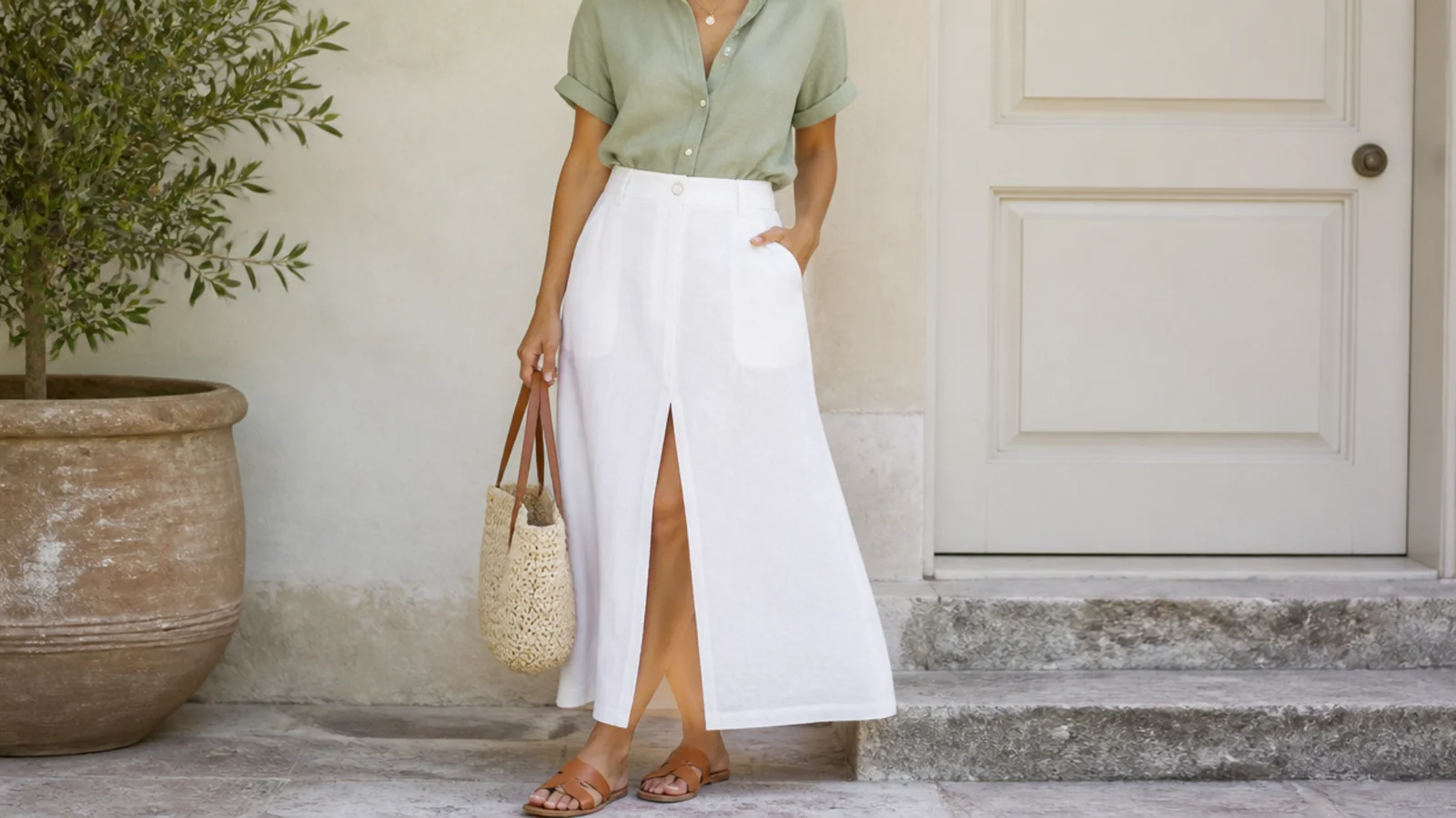 Faceless waist-up shot of a sage green linen top tucked into a white linen skirt for a spring look