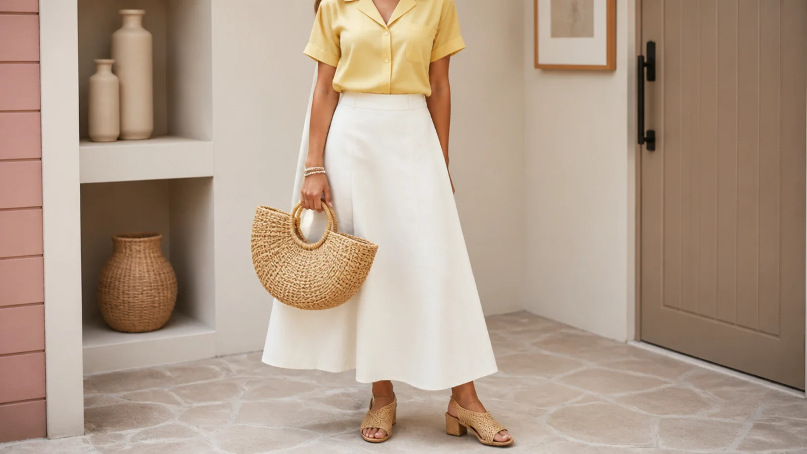 Faceless waist-up shot of a butter yellow blouse tucked into a white A-line skirt with raffia accessories