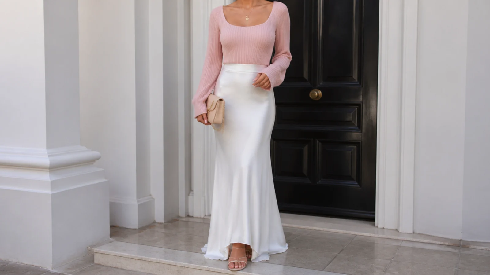 Faceless waist-up shot of a blush pink knit top tucked into a white satin skirt for an evening look