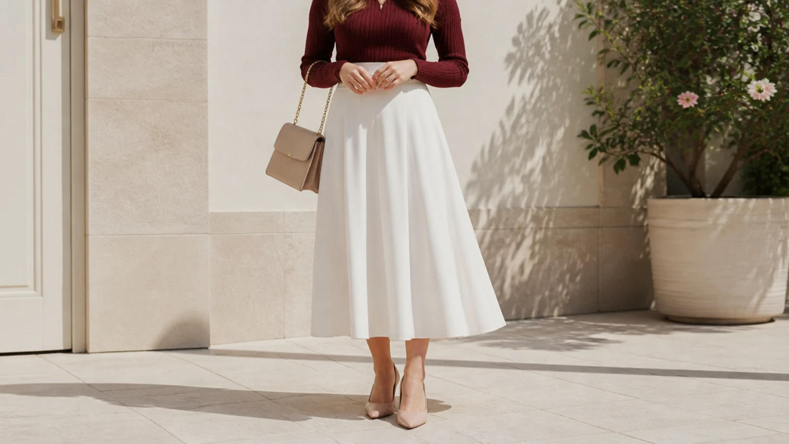 Faceless white skirt outfit showing a cranberry knit top tucked into a white midi skirt