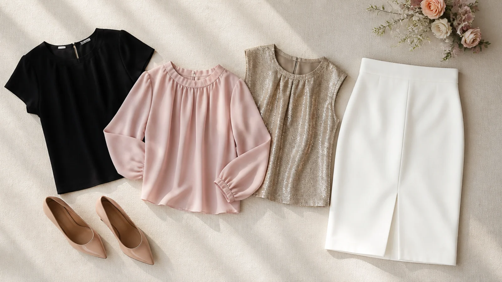 Faceless flat-lay of a black work top, a blush event top and a gold evening top beside a white skirt