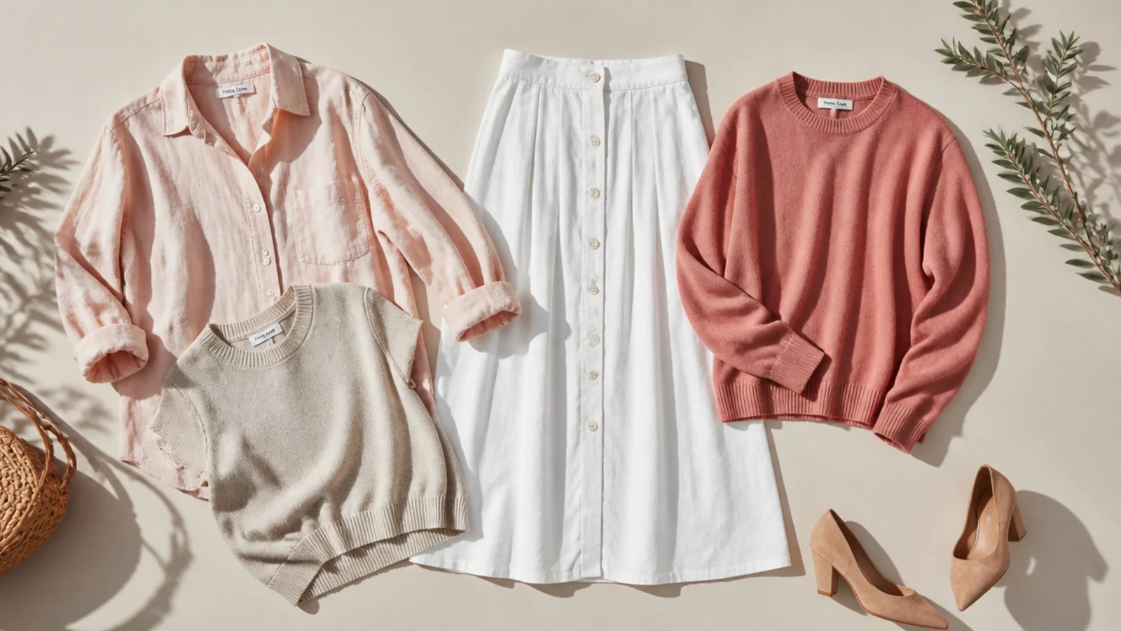 Faceless flat-lay of a linen top, a knit top and a wool top arranged beside a white skirt by season