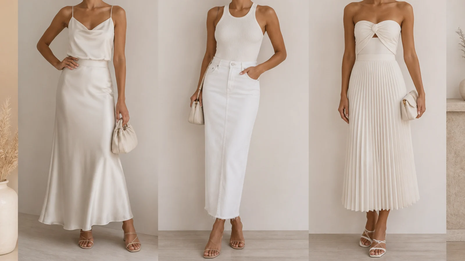 Faceless flat-lay of a satin white skirt, a denim white skirt and a pleated white skirt with matching tops