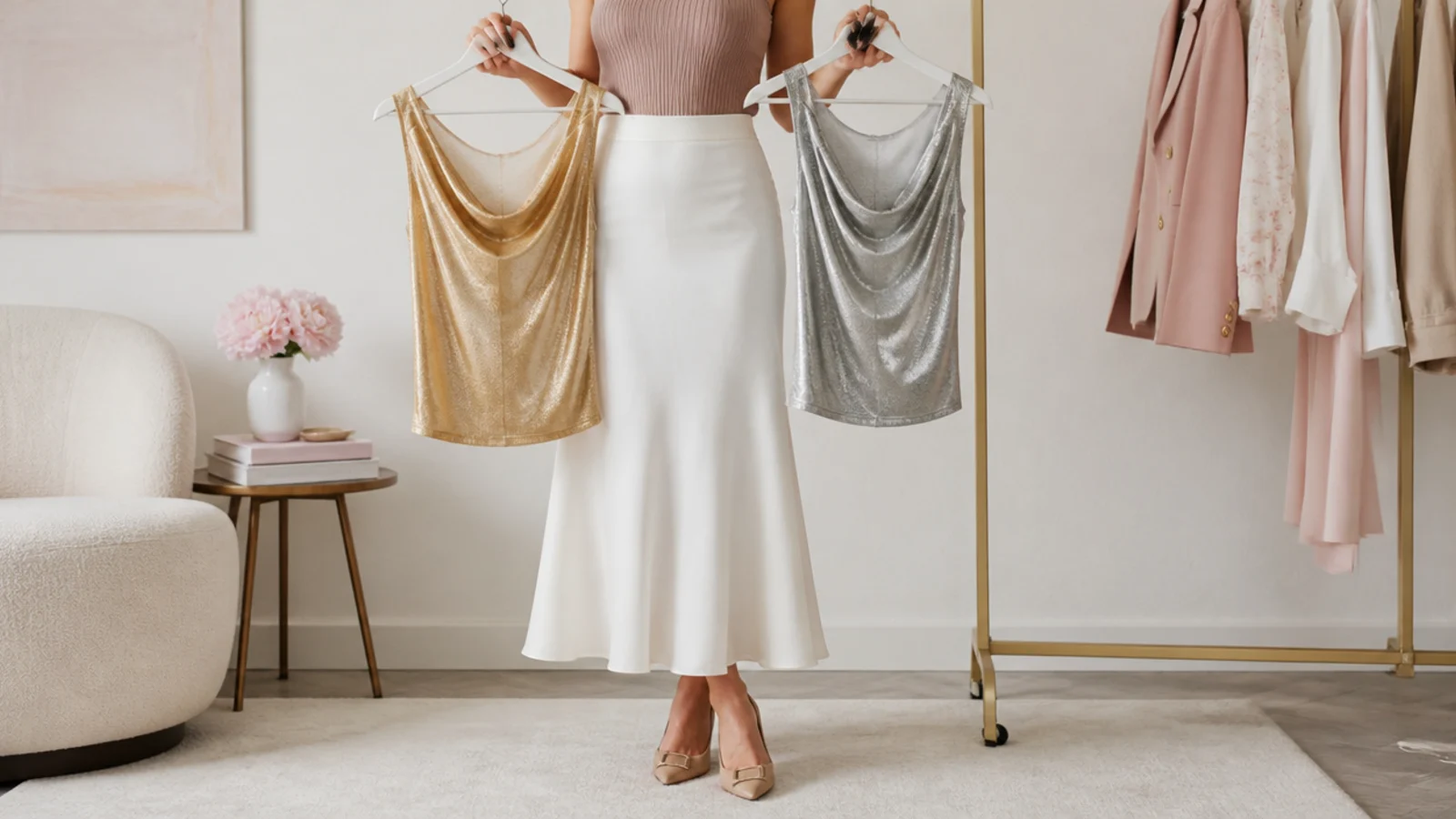 Faceless close-up of warm-gold and cool-silver toned tops held near a neckline above a white skirt