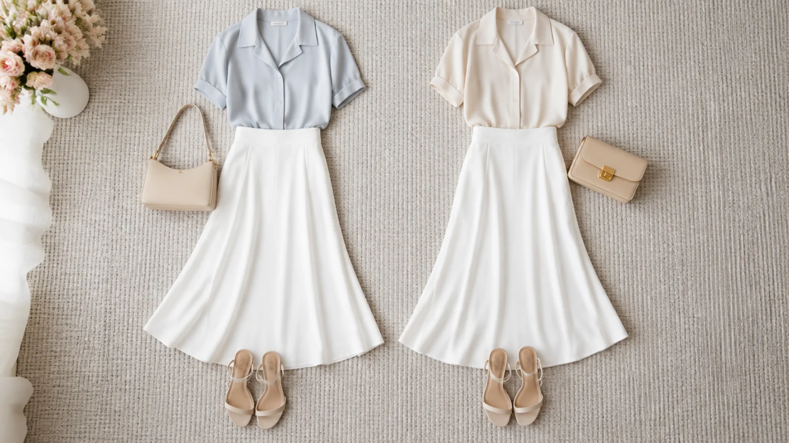 Faceless flat-lay comparing an icy pastel top and a near-white beige top against a bright white skirt