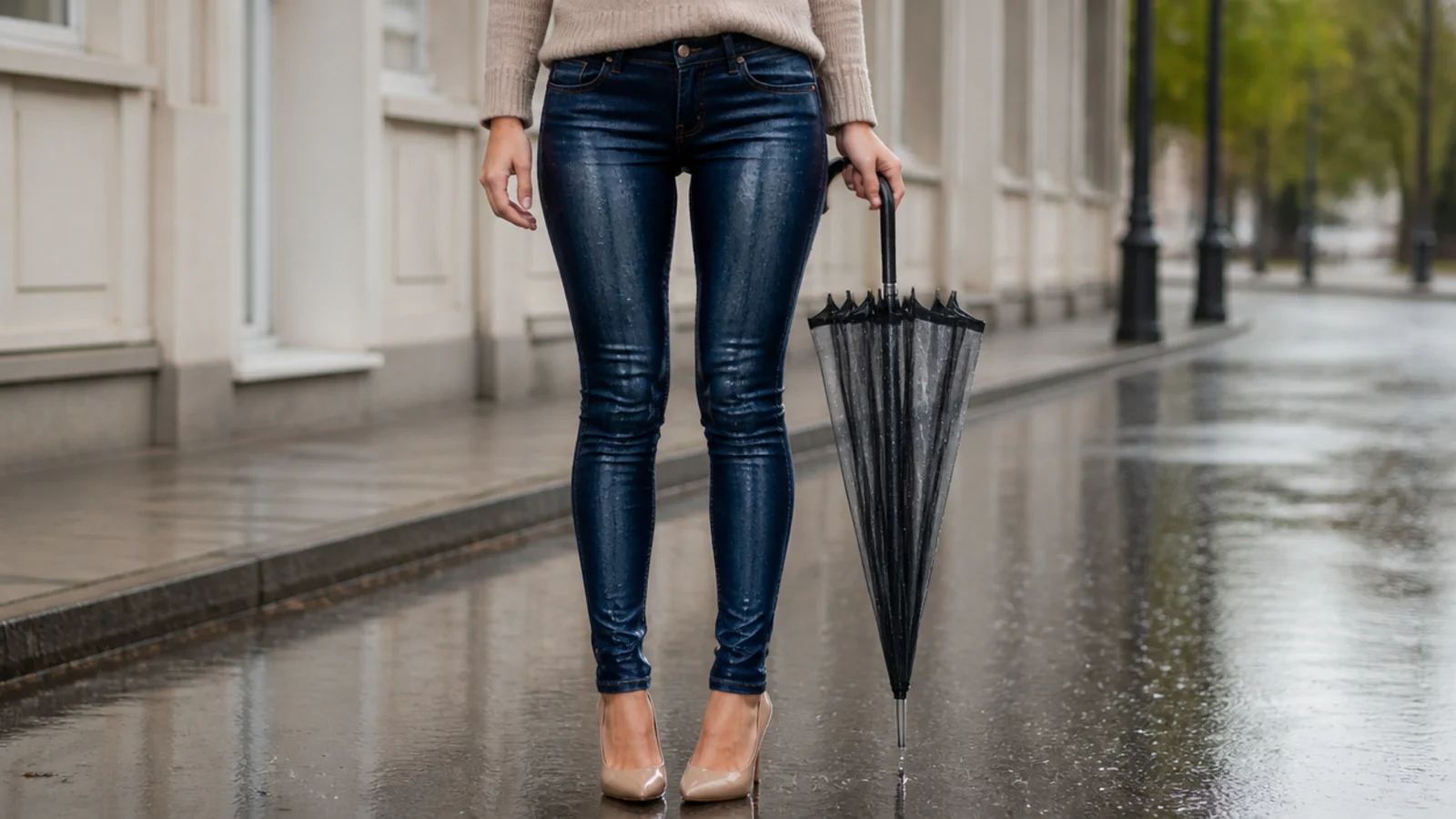 Faceless waist-down shot of soaked dark full-length skinny jeans clinging to the legs in the rain