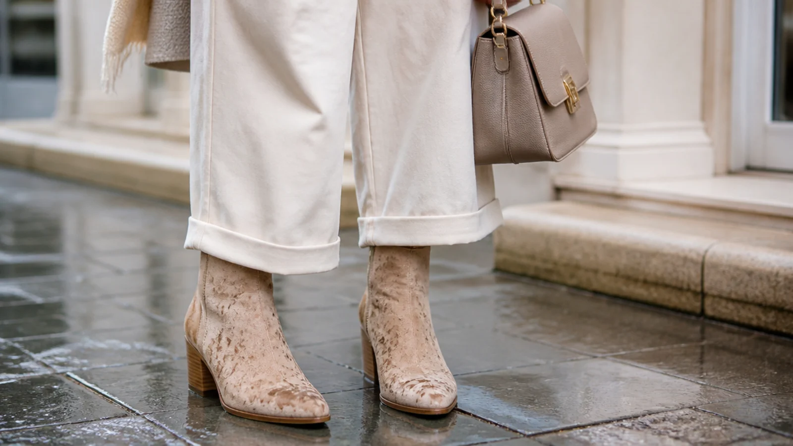 Faceless close-up of suede ankle boots water-spotted and stained after rain as a footwear mistake