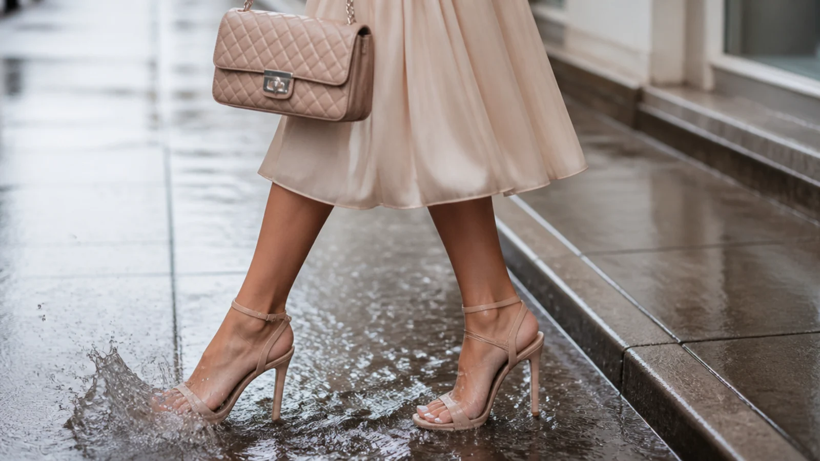 Faceless close-up of open-toe strappy heels on a wet sidewalk splashing water onto bare feet
