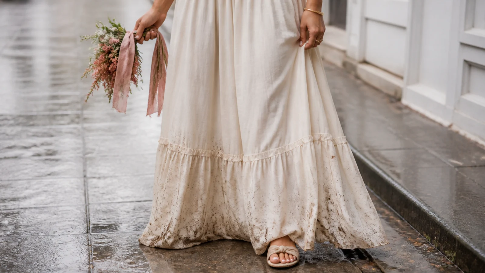 Faceless waist-down shot of a floor-length maxi skirt hem soaked and dragging on wet ground