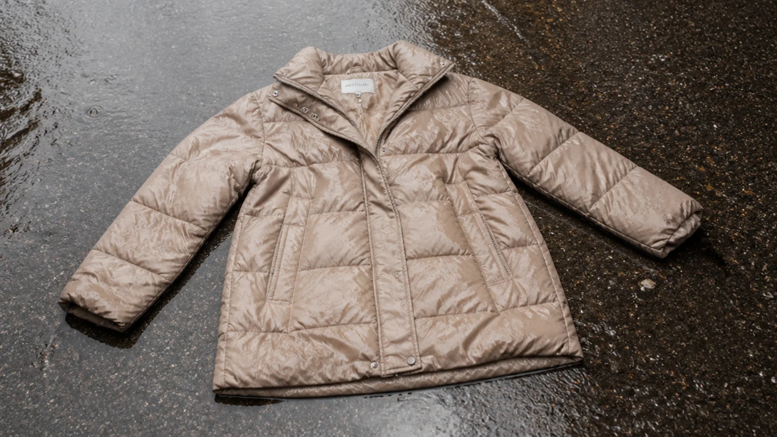 Faceless close-up of a down puffer jacket flattened and soaked in the rain losing its loft