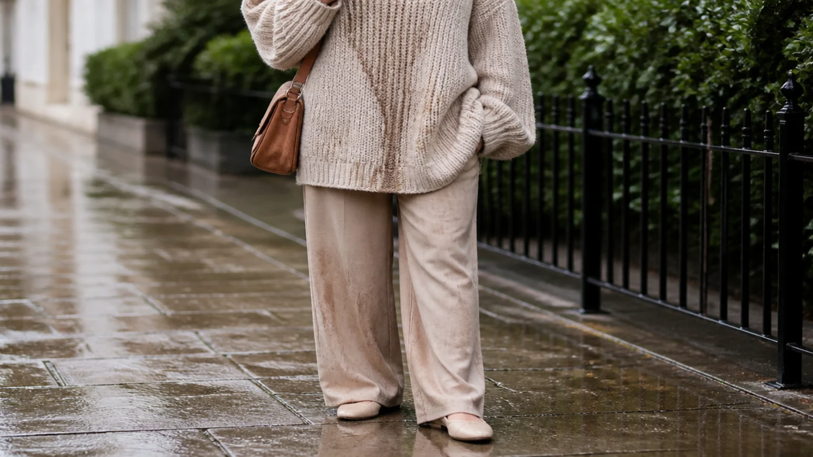 Faceless close-up of a chunky knit wool sweater soaked heavy and stretched from rain as an outer layer