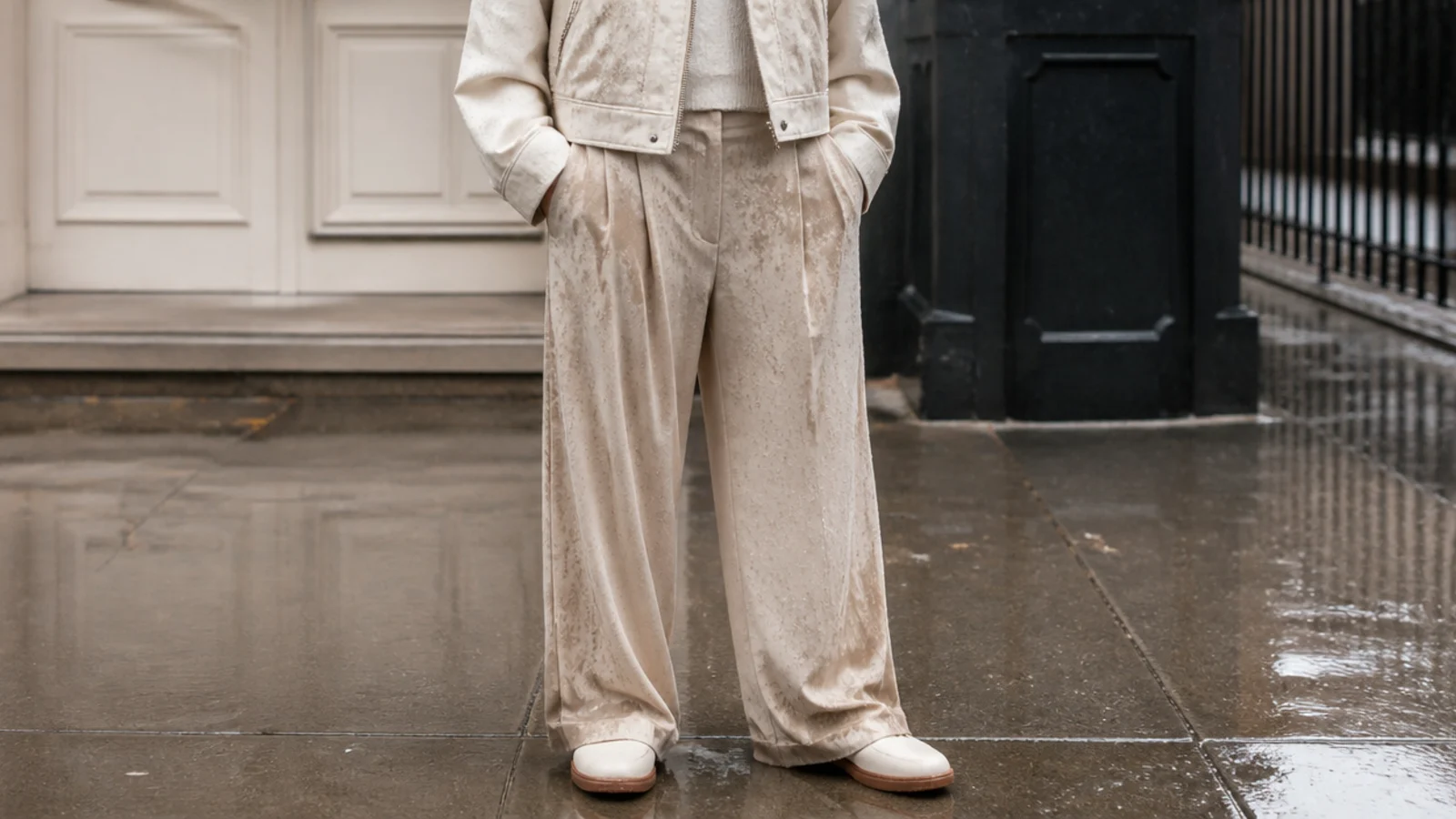 Faceless waist-down shot of rain runoff from a short cropped jacket soaking the trousers below the hem