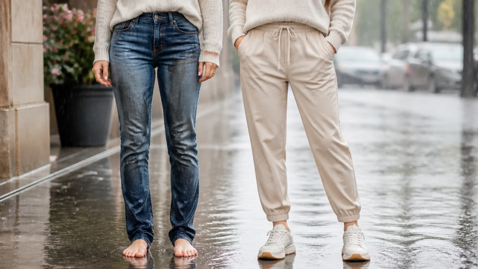 Faceless waist-down shot of wet denim jeans clinging to the legs beside dry quick-dry trousers in the rain