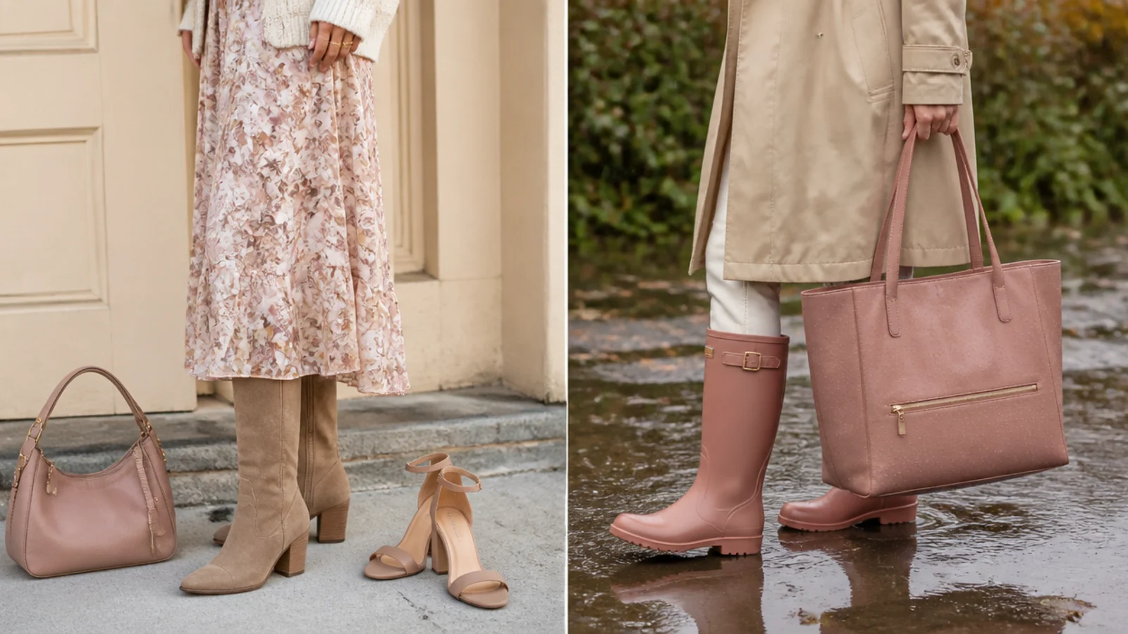 Faceless flat-lay of suede boots, open-toe heels and a leather bag beside waterproof boots and a coated tote in the rain