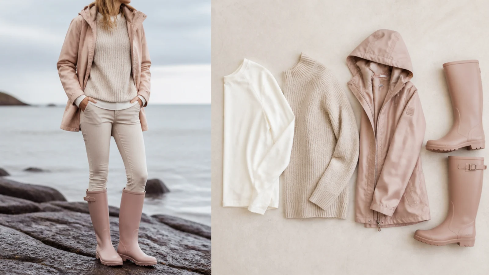 Faceless flat-lay of a synthetic base layer, wool-blend knit, waterproof shell and rubber boots as a rain outfit formula
