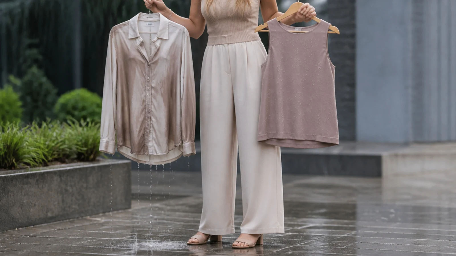 Faceless close-up comparing a soaked cotton shirt beside a beading synthetic top to show cotton failing in rain