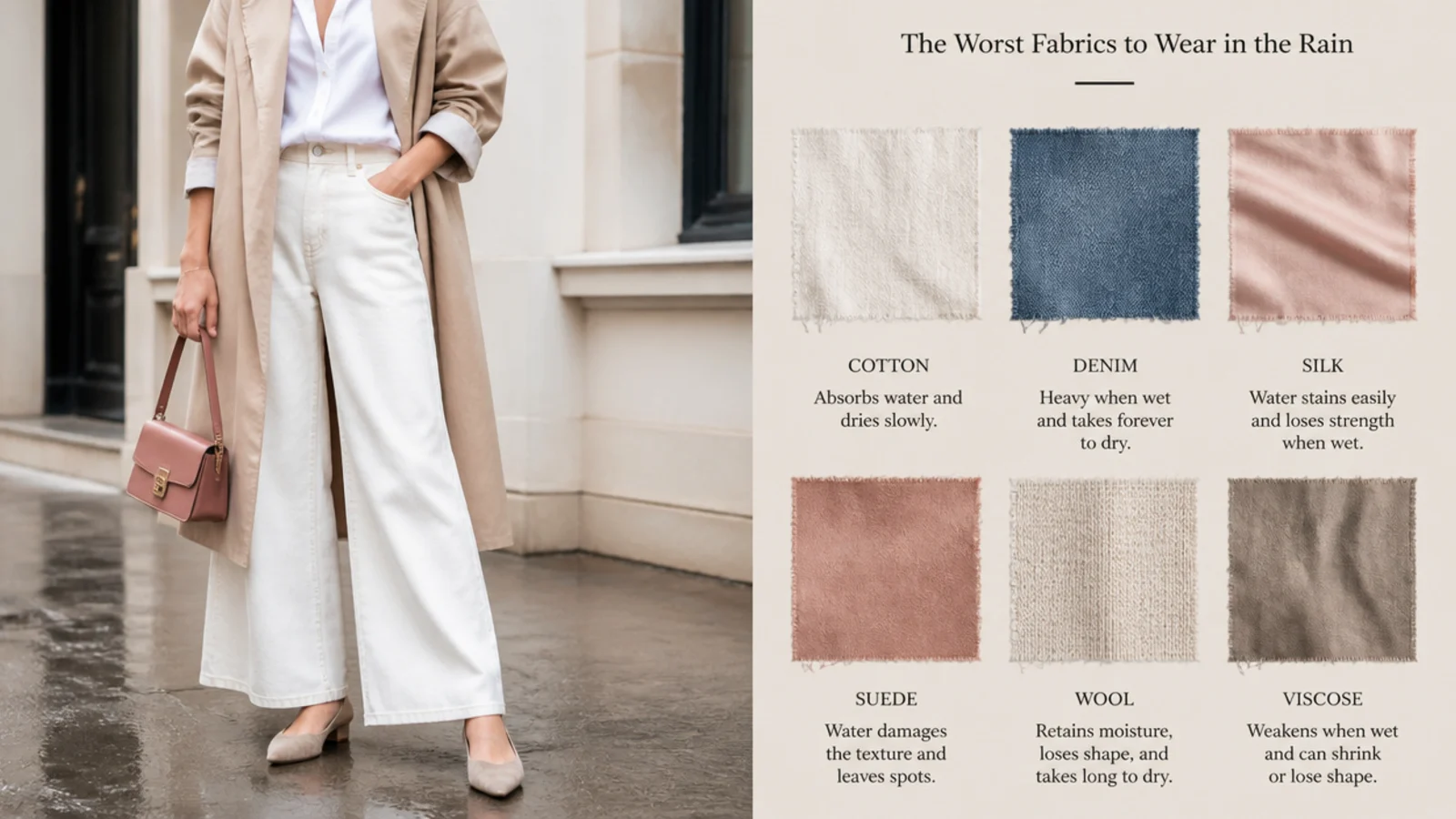 Faceless flat-lay grid of cotton, denim, silk, suede and wool swatches labeled as the worst rain fabrics