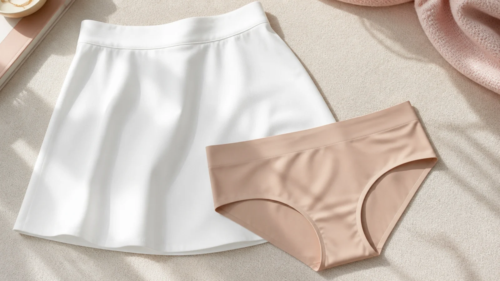 Faceless close-up of nude seamless microfiber briefs in a skin-tone shade laid flat beside a white skirt