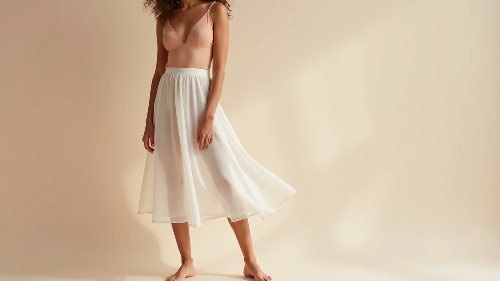 Faceless shot of a nude knee-length half-slip layered under a translucent white midi skirt