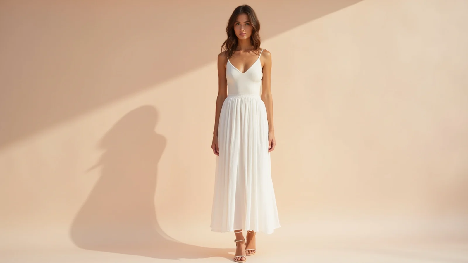 Faceless full-length shot of a nude full slip layered under a sheer white maxi skirt for head-to-hem opacity