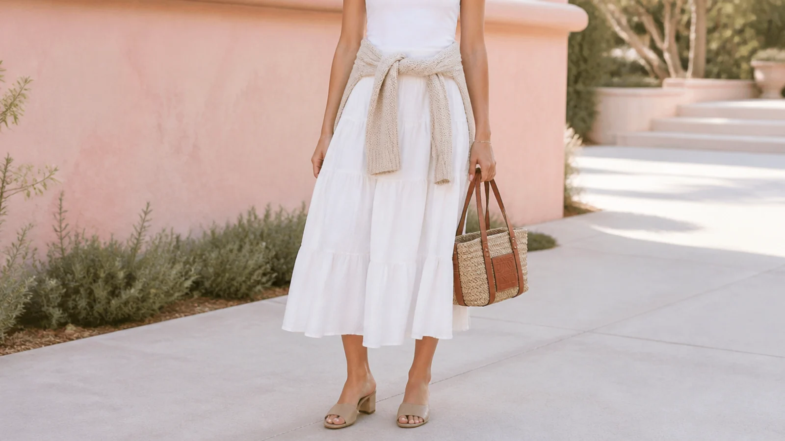 Faceless shot of a light cardigan tied around the waist over a white skirt as an emergency backlight fix