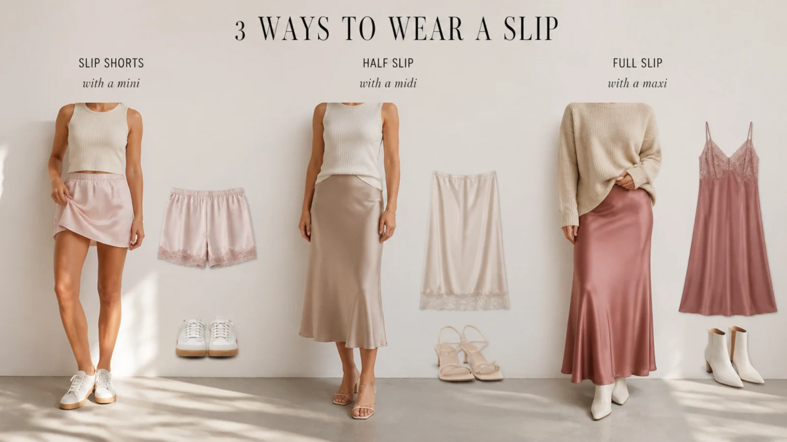 Faceless flat-lay pairing slip shorts with a mini, a half-slip with a midi and a full slip with a maxi skirt
